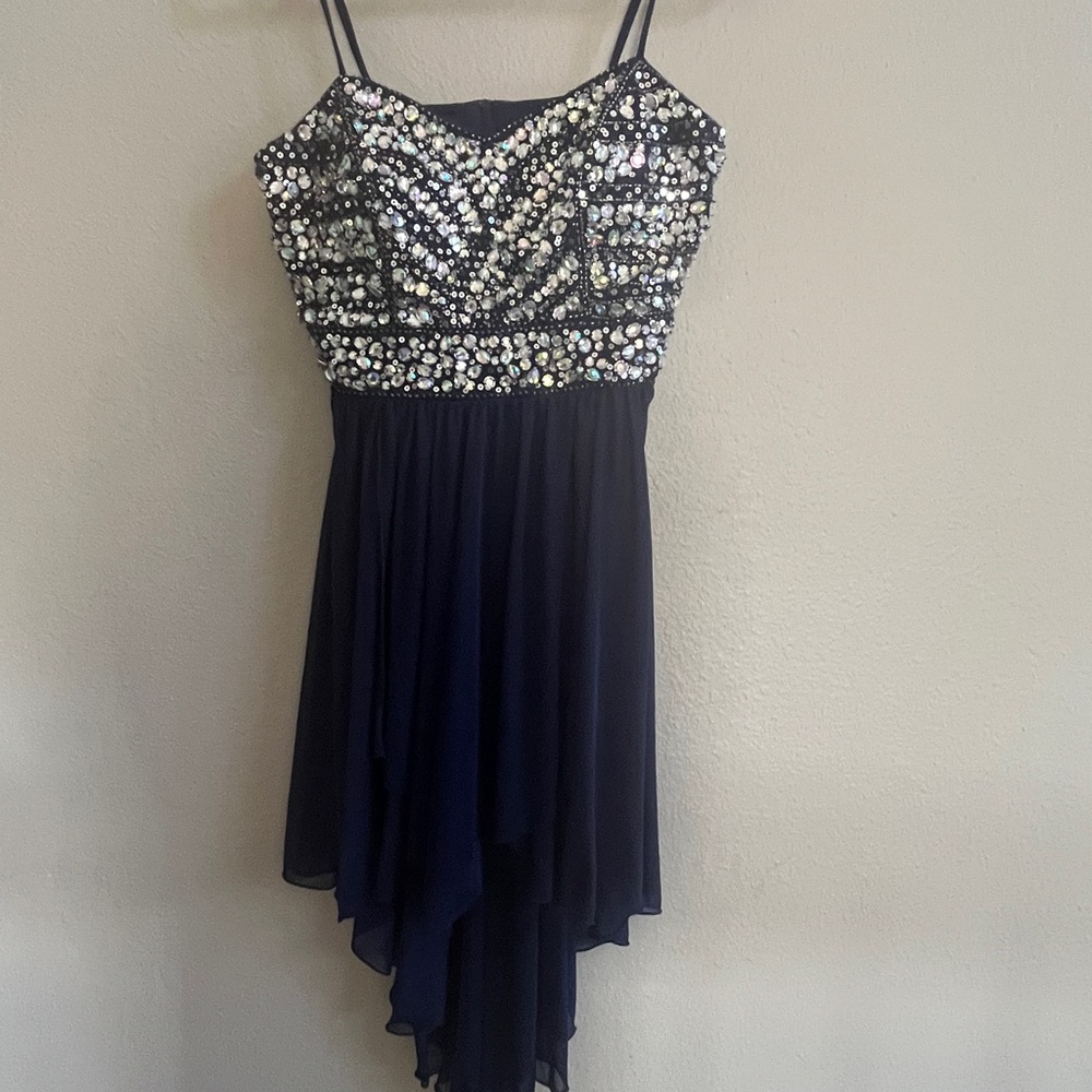 ✨navy blue Sequin Bodice High-Low Party Dress ✨